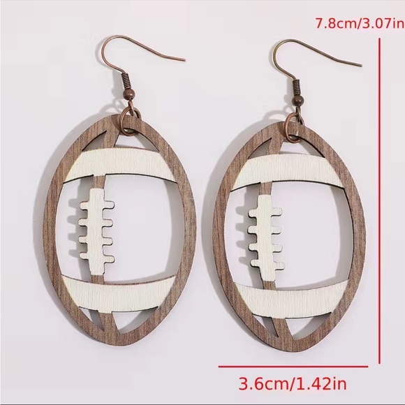 Hollow Football Wooden Drop Dangle Earrings - Picture 2 of 2